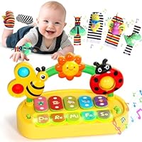 jerryvon Juguetes Bebé 6 Meses con Piano Musical(4 Modos),4 Calcetines sonajero-Juguetes Musical Sensoriales 7 en 1 para 6-12 Meses Niña Niño Regalo Bebe 6 Meses