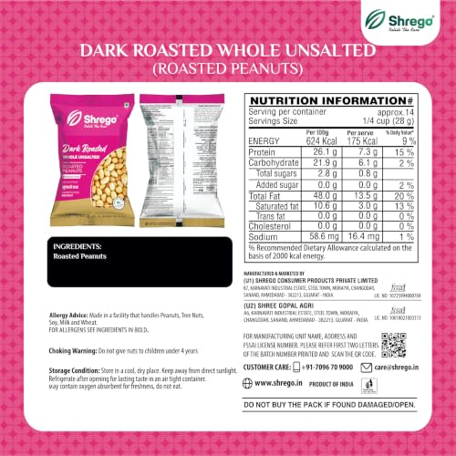 Image of Shrego Dark Roasted Whole Peanuts Unsalted 180g | Vacuum Packed | Ready-to-Use Roasted Peanuts | No Added Salt | Crunchy Protein Snack