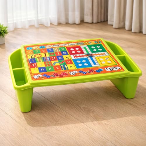 Image of Multipurpose Plastic Kids Table with Snakes & Ladders, Ludo Print and Side Storage - Fun Learning & Activity Bed Table for Study, Eating, Drawing, and Games (Green)