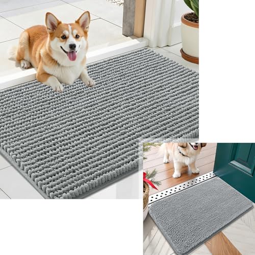 Image of OLANLY Dog Door Mat for Muddy Paws 24x16+24x16, Absorbent Non-Slip Washable Doormat, Quick Dry Chenille Mud Mat for Dogs, Entry Indoor Entryway Carpet for Inside Floor, Grey