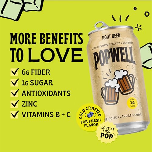 Image of Popwell Root Beer Better-For-You Prebiotic Soda, with 6g Fiber, 1g Sugar, Vitamins and Immunity Support, 12 fl oz Cans (pack of 12)