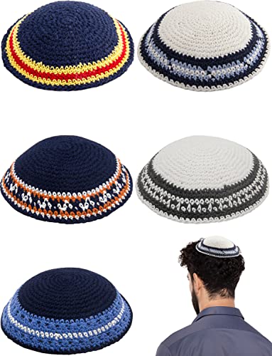 HolYudaica Pack of 5-Pcs - Hq Mix Colors Handmade Knitted Kippah for Men Boys and Kids, Yamaka Hat from Israel - Kippot Bulk (Mix Lines, 17CM Flat)