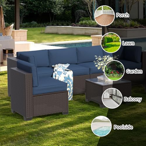 Image of 7 Piece Patio Furniture Set, Wicker Patio Conversation Sets, Outdoor Sectional Furniture with Tempered Glass Table, for Backyard, Deck, Garden, Dark Brown Rattan & Navy Blue Cushions