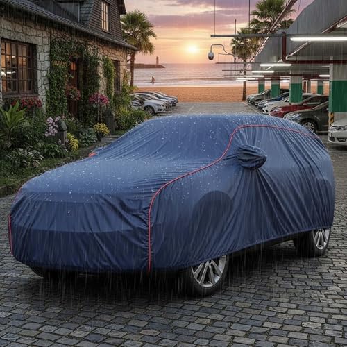 Image of Sulfar 100% Water Resistant Car Body Cover Compatible with Mirror for Mahindra Scorpio (Triple Stitched, Full Bottom Elastic, Blue Taffeta with Red Piping)