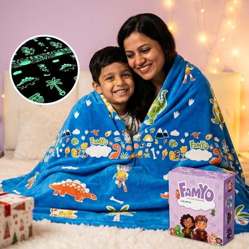 Image of Famyo GlowMaxx Glow Blanket for Kids - Rexy the Dino | 0-15 Yrs | 200x152 cm Double Bed Blanket | Soft Flannel Blankets for Winter | Ideal Gift for Kids Room Decor | Lab-Tested & Safe, (Blue)