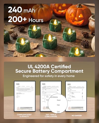 Image of Homemory 24 Pack Green Dripping Flameless LED Tea Lights, 1.58 inch x 1.2 inch Battery Operated Flickering Fake Candles, 200+ Hours Electric Votive Tealights for Wedding, Halloween, Christmas Centerpieces
