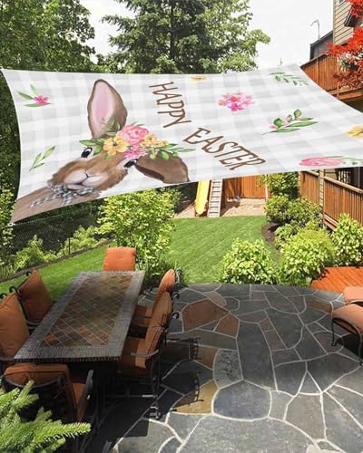 Boanket Sun Shade Sail 6.5' x 10', Grey Plaid Bunny Easter UV Block Sun Sails Shades for Outdoor Decor, Spring Floral Botanical Shade Cloth for Patio Deck Terrace Garden Lawns Beach Backyard