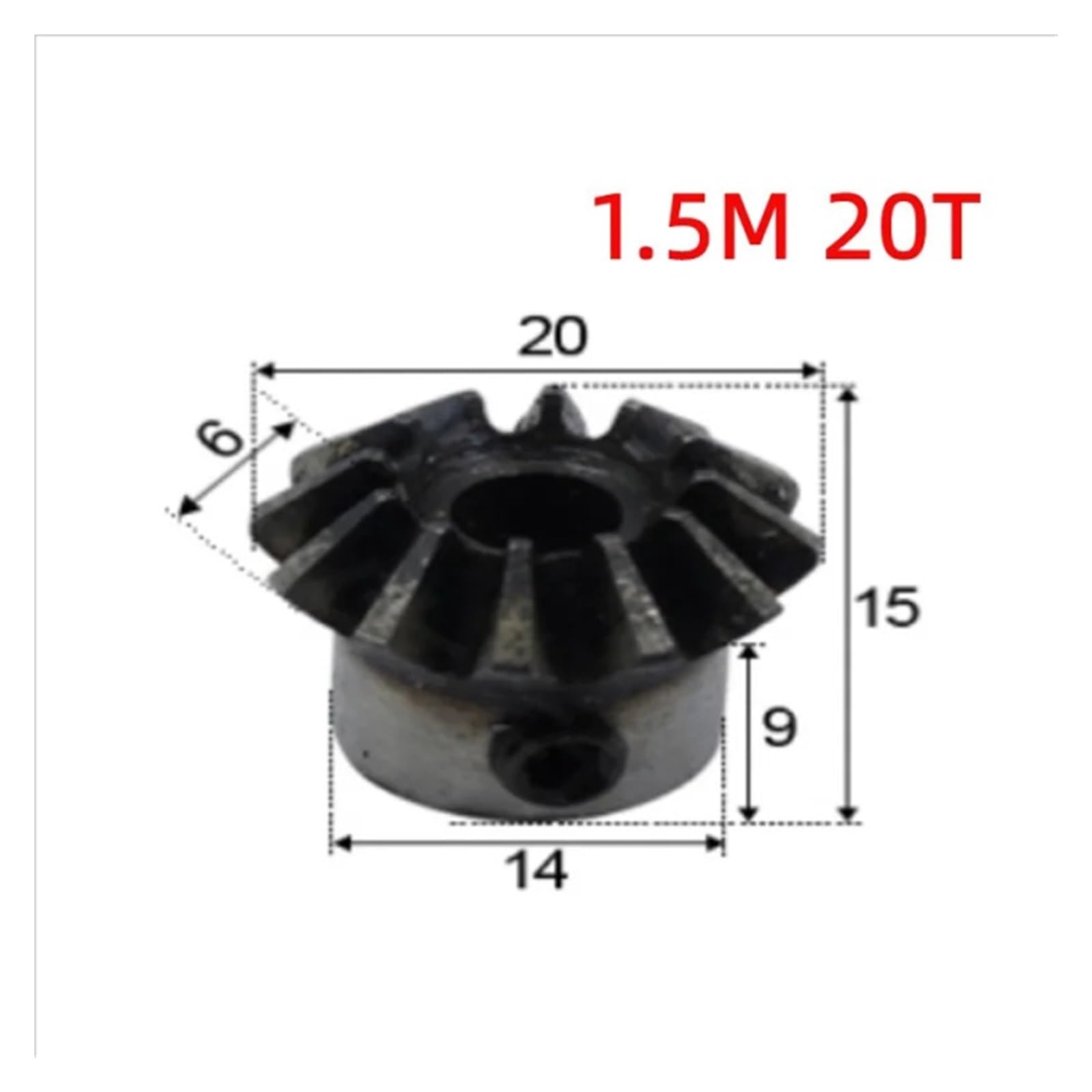 Bevel Gear Pinion Hardware Mechanical Bevel Gear 1.5 Modulus 20Teeth with Inner Hole 15mm 16mm 8mm 10mm 12mm 14mm 90 Degree Drive Commutation Steel Gears with Screw(10mm)