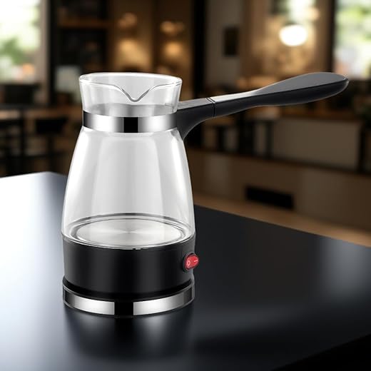 KRINEE Electric Turkish Coffee Maker and Kettle, Glass Pot with Handle, 500ml Capacity, Black and Clear 600W, Multi-Purpose for Coffee, Tea and Milk
