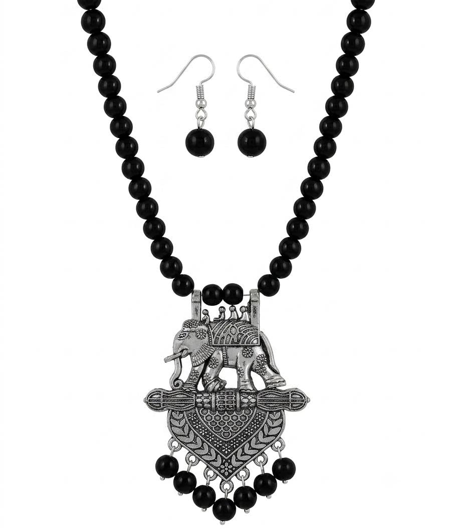 Oxidised Jewellery Set for Women | Necklace Set for Women Stylish | Black Beads Necklace | Elephant Pendant Necklace-image-19