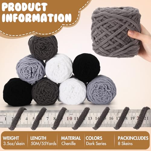 Image of Buryeah 8 Pack Chunky Chenille Yarn for Crocheting Soft Thick Fluffy Yarn for Hand Knitting Bulky Velvet Blanket Plush for Weaving DIY Crafts Each 3.5 oz 55 Yards (Dark Series)