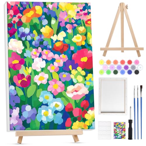 Lxmsja Flor Pintar por Numeros Adultos con Marco, con Caballete de Madera, DIY Cuadros para Pintar por Números Flor, Flor Pintura Acrilica Lienzos Manualidades Decoracion Hogar Pared 20x30cm