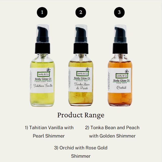 Miniatura 2 de Levity & Co. Aceite de brillo corporal en vainilla de Tahití con brillo de perlas translúcidas. Aceite natural perfumado para brillo corporal con