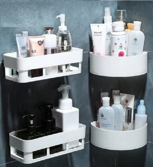 MBKOH ABS Heavy Plastic Multipurpose Bathroom Kitchen Wall Holder Storage Rack Corner Shelf with Magic Strong Sticker Pair(Combo Shelves), White, (2 Bathroom Shelves + 2 Corner)-image-37