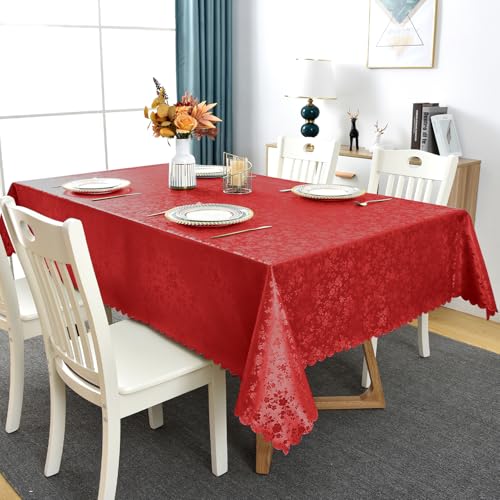 Softalker クリスマステーブルクロス撥水 180×140cm 長方形 赤 テーブルクロス-PUレザー 防水 防汚 耐熱 防滑 - 350g/㎡ 厚手 北欧風 花柄 食卓カバー 波型縁デザイン桌布 家庭用/カフェ/お正月/クリスマス/パーティー/イベント用 Table cloth Waterproof
