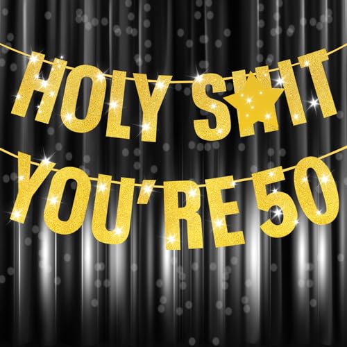 onehous 50th Birthday Decorations for Men Women, Happy 50th Banner, Gold Glitter 50 Party Decor Sign, 50 Years Old Funny Party Supplies