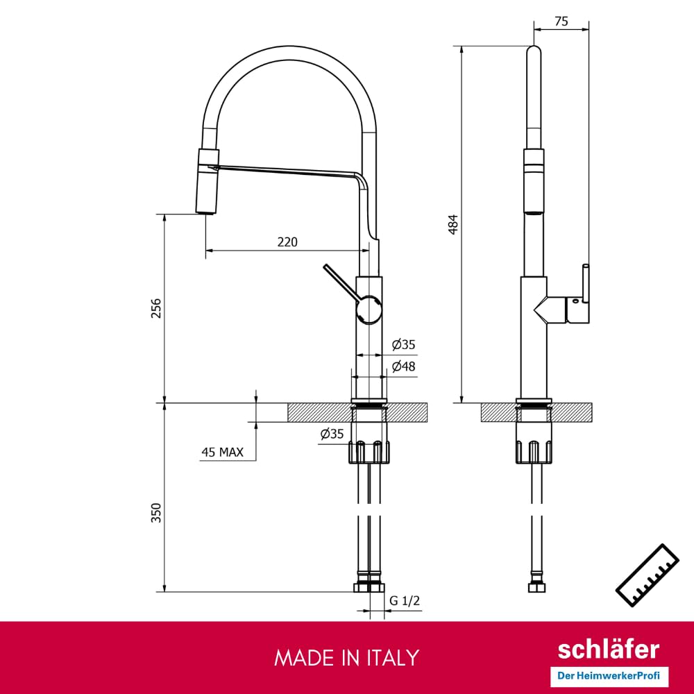 Schläfer 35406520 | Mezclador fregadero cocina negro brillante, boca giratoria 360°, grifo cocina profesional con alcachofa orientable, grifo fregadero con ducha serie Move de latón