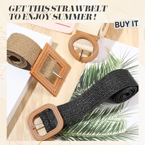 Image of Syhood 3 Pieces Straw Woven Elastic Waist Belt for Women Bohemian Dress Braided Belt