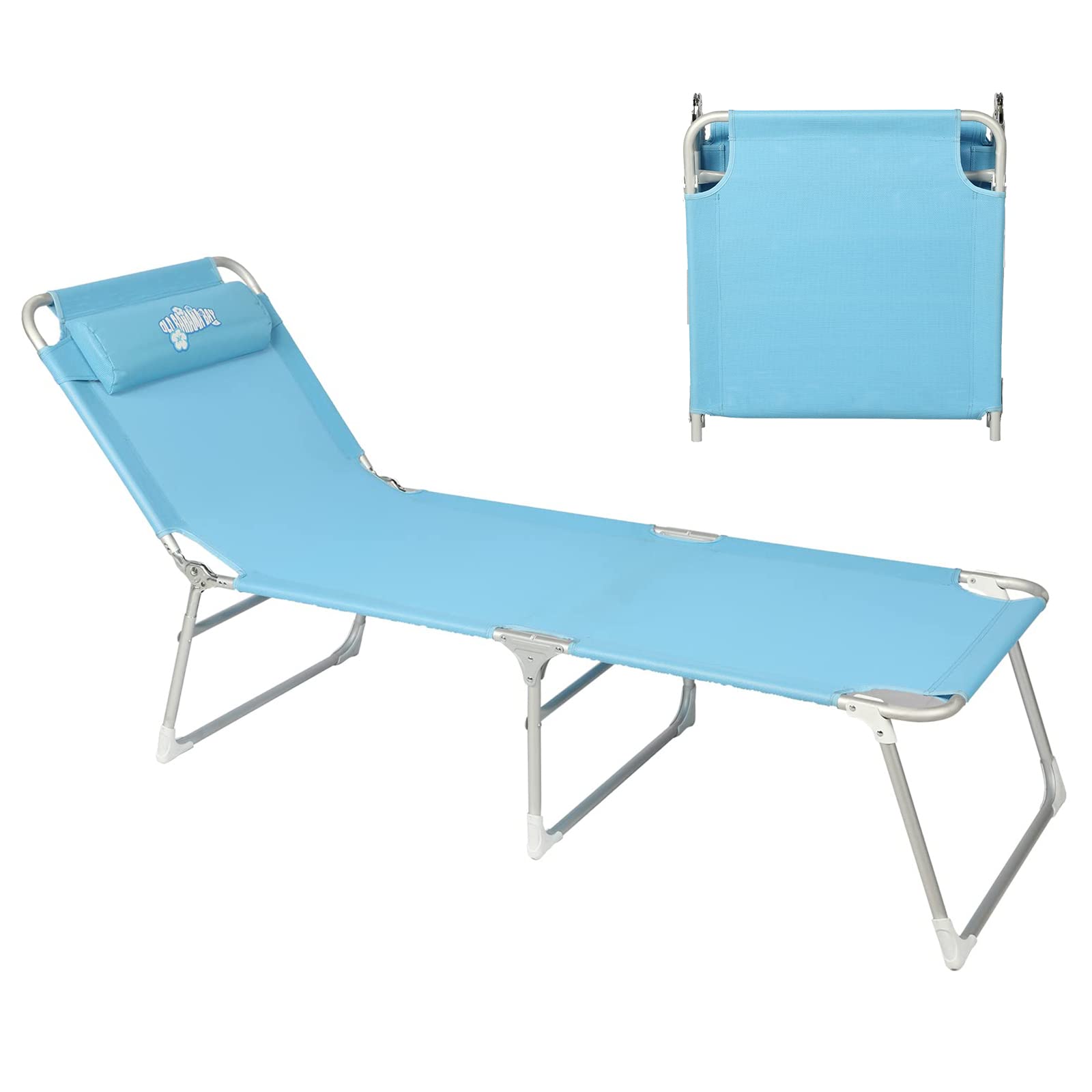 Old Bahama Bay Cot with Pillow 4-Positions Folding Recliner Lounger Bed for Camping/Travel/Beach/Hiking/Patio, Supports 250LBS, Blue