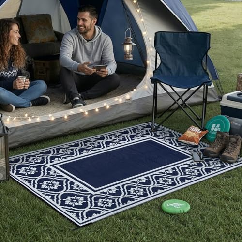 HUGEAR Outdoor Patio Rug 3'x5' Waterproof Outside Area Rugs Blue Reversible Plastic Straw Carpet for RV Deck Camping Entryance Porch Picnic Balcony Beach A| Navy Blue&white 3' x 5' (Rectangu
