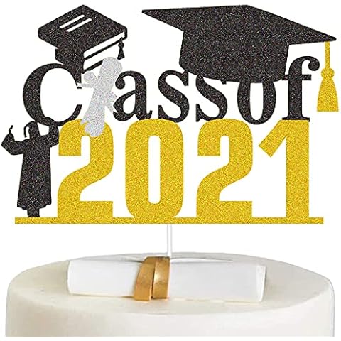 CODOMOR Grad Cake Topper, Class of 2021 Graduation Theme Double Sided Glitter Party Supplies, Graduation Cake Decorations Cover