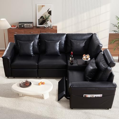 Image of RARZOE Modular Sectional Couch Corner Seat Module, Faux Leather Armless Corner Seat, Modular Sectional Sofa Module for Living Room Home Theater,Black