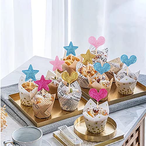 Ziqon 30 Pcs Glitter Heart Cupcake Toppers Colorful Cake Decoration Heart And Star Cake Toppers Cute Party Decoration For Birthday And Baby Shower (Glitter) #TOP6