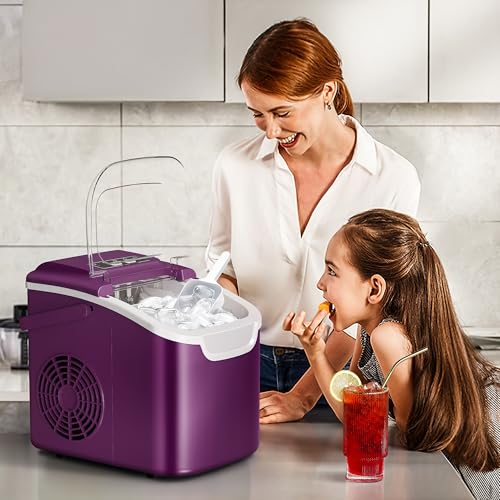 Image of Countertop Portable Ice Maker Machine with Handle, 8 Bullet-Shaped Ice Cubes Ready in 6 Mins, 26Lbs /24H, Self-Cleaning Function with Ice Scoop and Basket for Home /Kitchen /Party (Purple)