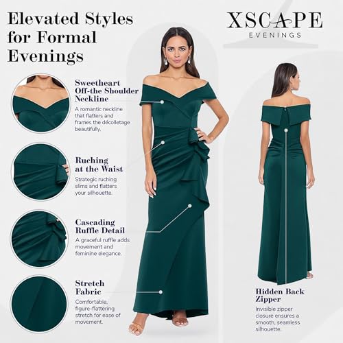 Image of Xscape Women's Long Off-the-Shoulder Sweetheart Neckline Formal Evening Gown with Ruching and Draped Ruffle Detail