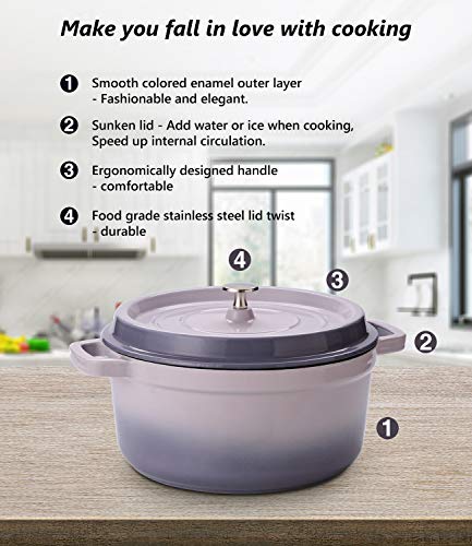 SULIVES 6 Quart White Enameled Cast Iron Dutch Oven with Lid bread baking Pot use on gas electric oven for 6-8 people(Purple)
