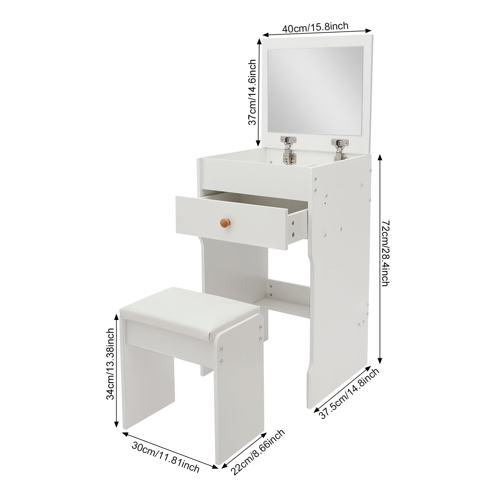 Tocador 3 en 1 pequeño, de pie, tocador con espejo abatible, juego de tocador para dormitorio, capacidad de carga de 90 kg, para apartamento, habitación pequeña