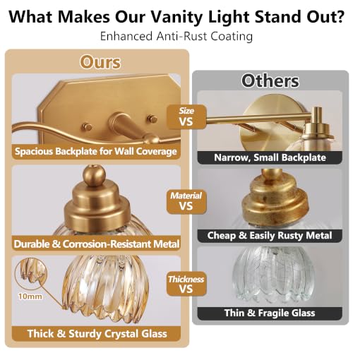 Image of Vintage Gold 2-Light Vanity Lights, Tulip Crystal, Antique Brass Finish | Brushed Gold Bathroom Light Fixtures, Amber Wall Sconce Ideal for Bedroom, Living Room, E26 Compatible, Easy Install