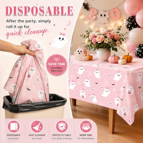 Image of LINHAXM 3 Pack Pink Halloween Tablecloth, Cute Ghost Halloween Disposable Plastic Table Covers for Halloween Birthday Baby Shower Decorations, 54 x 108 Inches