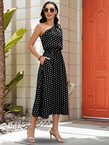 Image of ECOWISH Womens Summer One Shoulder Maxi Dress Casual Polka Dot Midi Dresses Sleeveless Long Pockets Sundress Beach Vacation
