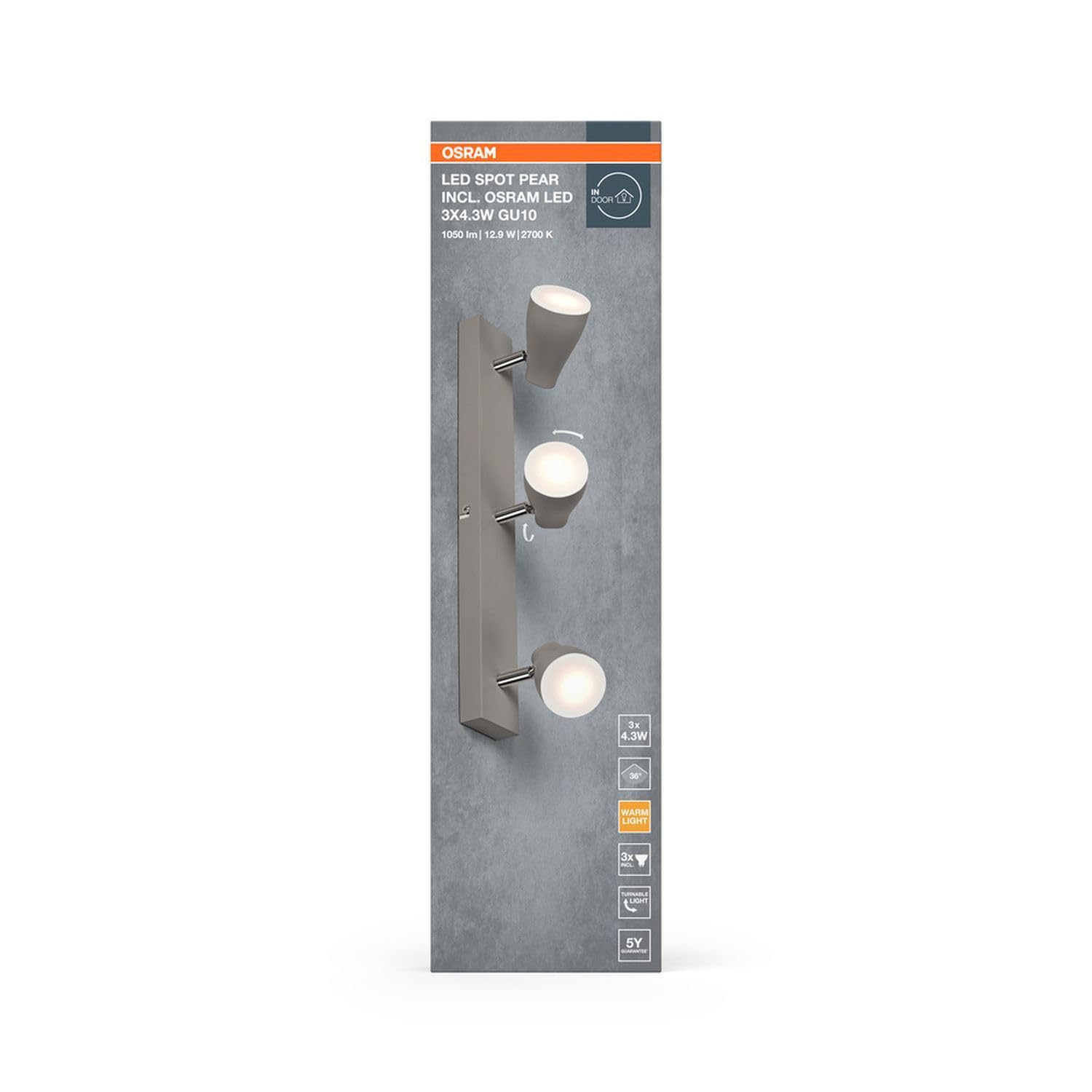 Osram Foco LED SPOT PEAR GU10, gris, 3 x 4,3 W, 1050 lm, 444 mm, luz blanca cálida, cabezales orientables, fácil montaje, combinación con bombillas inteligentes GU10, posible IP 20, 2700 K