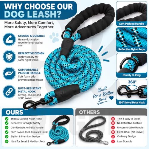 Image of PetVogue FT Nylon Rope Dog Leash, Heavy Duty Training & Walking Lead for Small, Medium & Large Dogs, Reflective Pet Walking Cord with Comfortable Padded Handle & Strong Metal Clip (Blue)