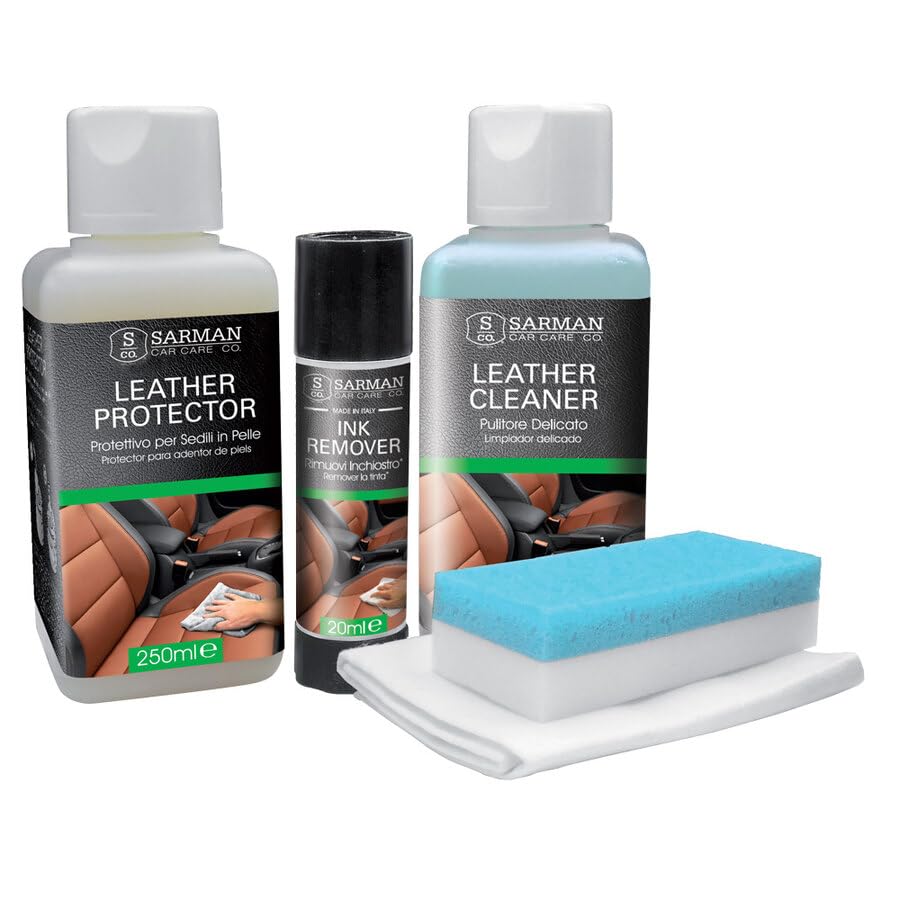 SARMAN 1592364 Kit Completo Pulizia e Protezione Interni Auto in Pelle | Detergente Delicato | Crema Protettiva Antimacchia a Base Acquosa (2x250ml)