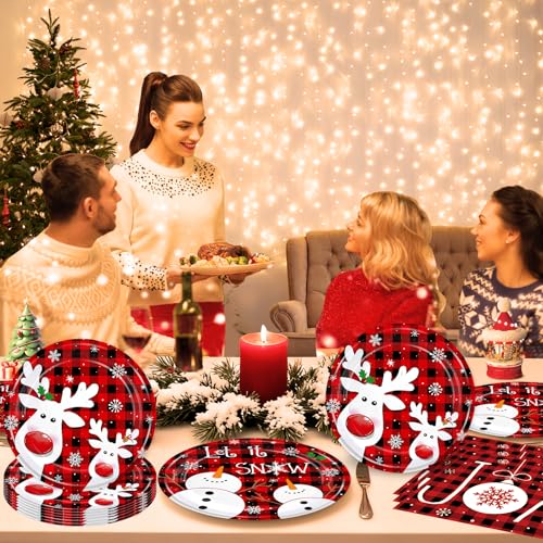 168PCS Christmas Reindeer Party Supplies Kit Xmas Cartoon Elk Party Decoration with Red and Black Plaid Snowflake Snowman Paper Plates Cups Napkins Dinnerware for Home Winter Xmas Holiday Serves 24 – Image 6