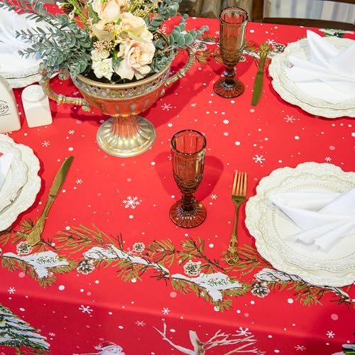 Christmas Waterproof Tablecloth – Red Holiday Table Cover with Santa Claus, Reindeer, Tree & Snowflake Design – Festive Dining Decor for Christmas Party and Home, W60 x L84 in – Image 6