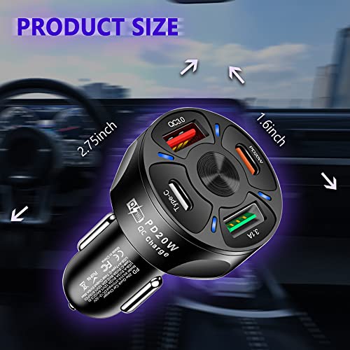 4-Port-Car-Charger-USB-C-Adapter-with-LED-LightQuick-Charge-with-Type-CPD-20WQC-30-Fast-Charging-Car-Cigarette-Lighter-Adapter-for-iPhone-14-13-12-S22-S21-S20-iPad-Pro-More-Car-Black