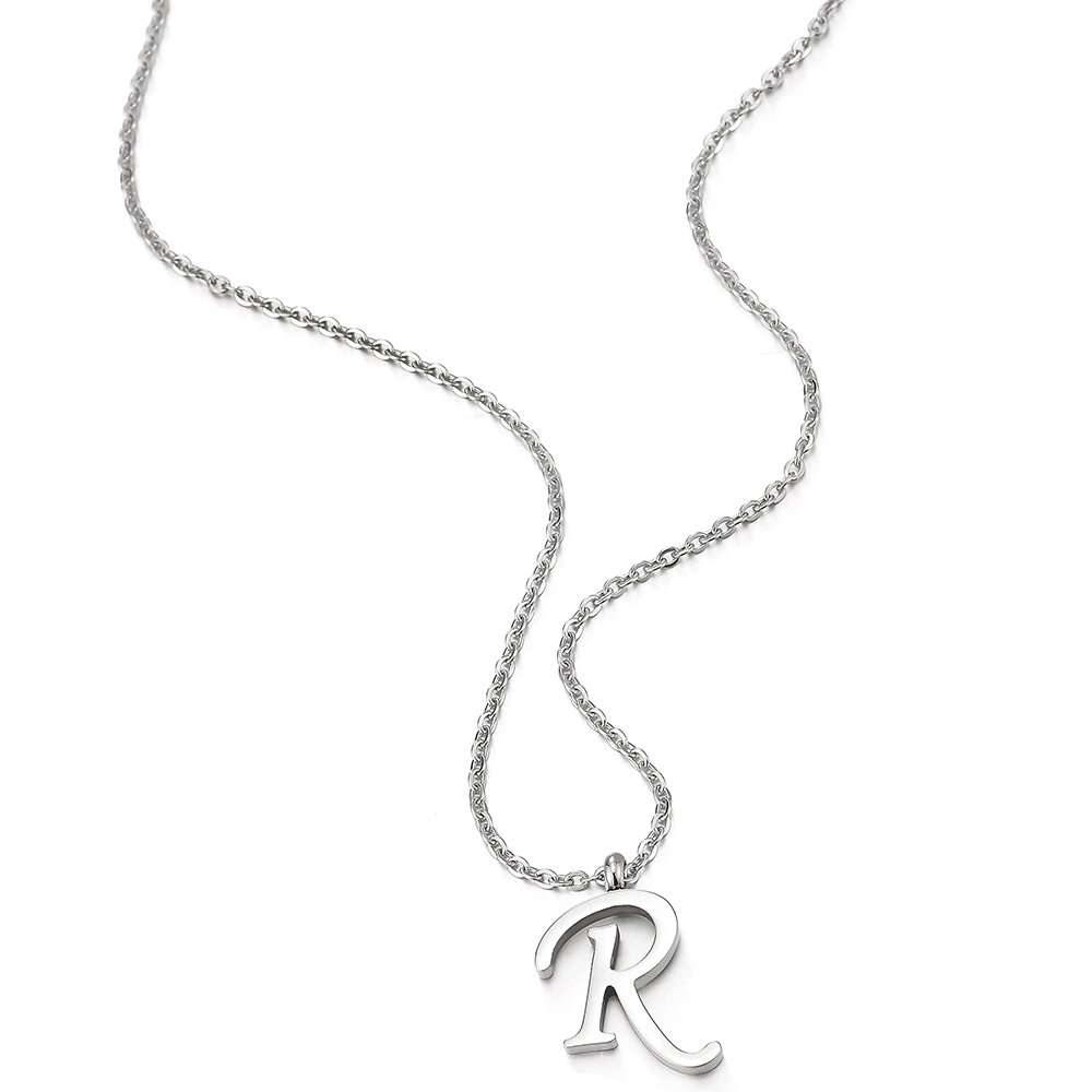 COOLSTEELANDBEYOND Nome Iniziale Lettera di Alfabeto da A-Z Ciondolo, Collana con Pendente da Donna Uomo, Acciaio, 50cm Corda Catena
