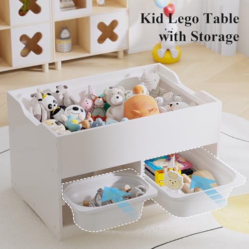 Image of Easyego Kid Sensory Table with Storage - Activity Table with Building Block Boards & Foldable Storage Bins, Birthday Gifts for Boys and Girls - White