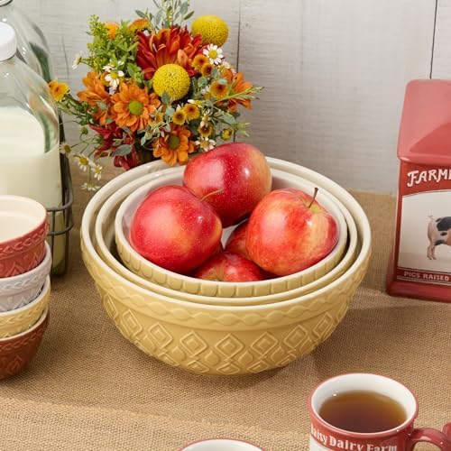 Vintage Farm Stoneware Mixing Bowl Set, 3-Piece, Includes 2 Qt, 3 Qt & 4.25 Qt Bowls, Embossed Patterns in Golden-Honey Finish, Durable & Nesting Design, Perfect for Mixing, Baking & Serving - Thumbnail 3