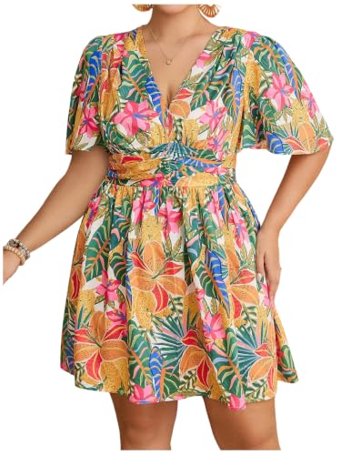 Image of Floerns Women's Plus Size Printed V Neck Short Sleeve Ruffle Hem Summer Short Dresses
