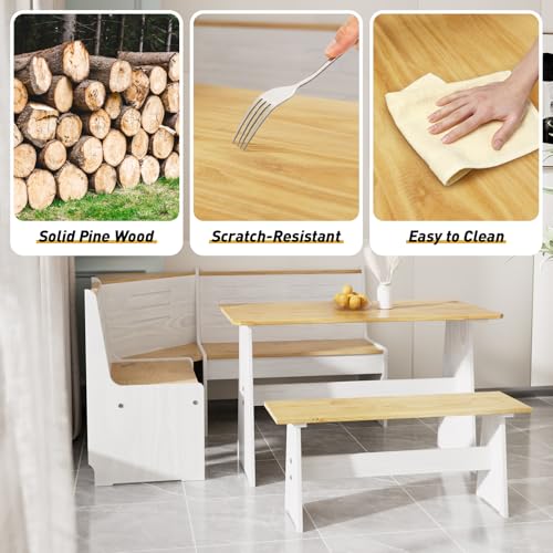 Image of Kitchen Breakfast Nook Table Set - Solid Wood Corner Bench Dining Set for 4-6 People, L Shaped Bench for Dinner Room, Space Saving Kitchen Booth Seating with Table for Small Space, Pure White