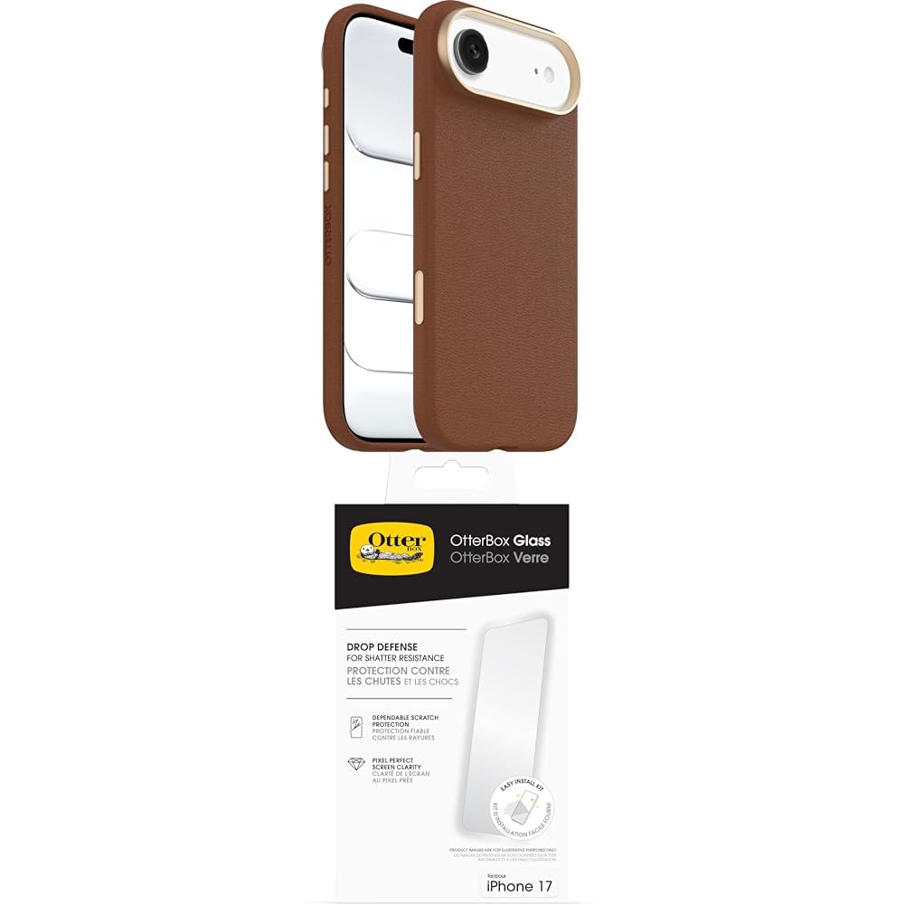 OtterBox Symmetry Series Cactus Leather MagSafe funda para iPhone 17, Testada 3x con estándares Militares anticaídas, Marrón + OtterBox Glass Protector de Pantalla de Cristal Templado