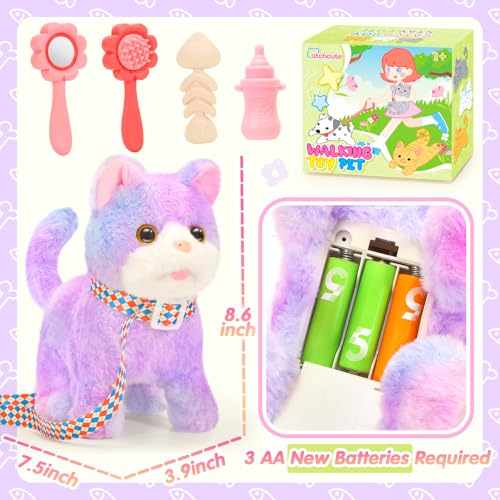 CatchCute Plush Toys Cat for Kids with Leash, Interactive Electronic Kitty That Walking,Meowing,and Tail Wagging, Pretend Play Realistic Cat Christmas Birthday Gifts for Boys and Girls