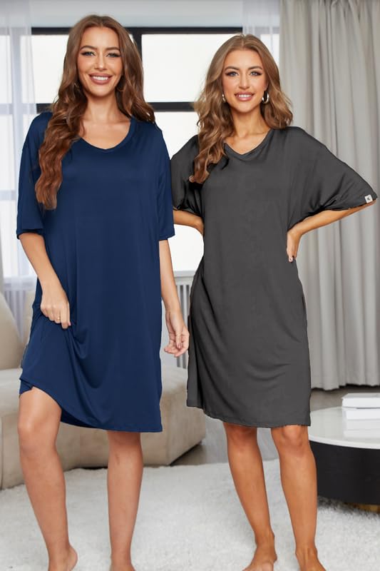 Image of ft FENTENG 2-Pack Women's Nightgowns Short Sleeve Nightshirt V Neck Soft Sleepwear Casual Sleepshirts Loose Pajama Dress