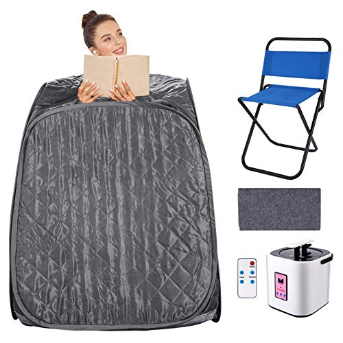 elifine Portable Steam Sauna Spa Home 2L Personal Therapeutic Sauna with Remote Control One Person Sauna Tent with Foldable Chair Timer (Gray)