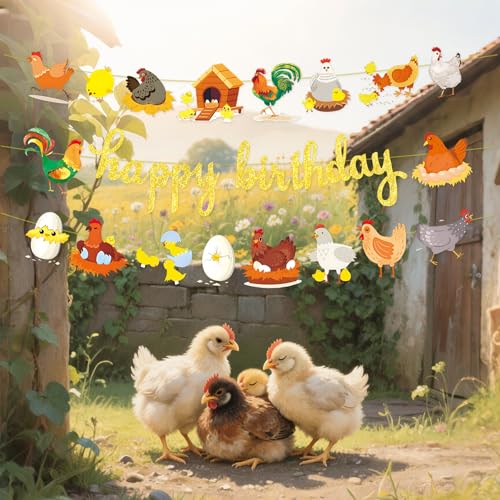 Image of 3pcs Chicken Birthday Decorations Gold Glitter Happy Birthday Banner and Chicken Paper Garlands for Spring Easter Hen & Chick Farm Theme Party Decor Supplies